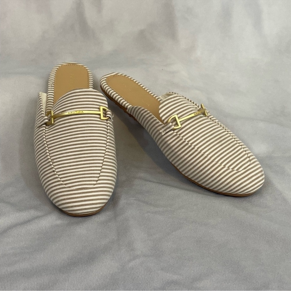 Nautica Tan and White Striped Loafers Open Back Worn Once SZ 8